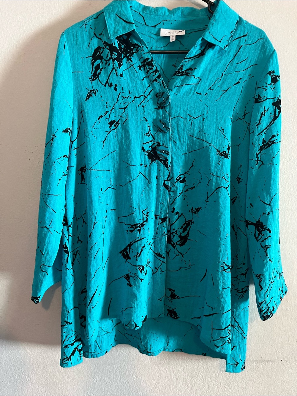 Habitat NWOT Turquoise Button-Front Long Sleeve Blouse Lagenlook Artwear Medium